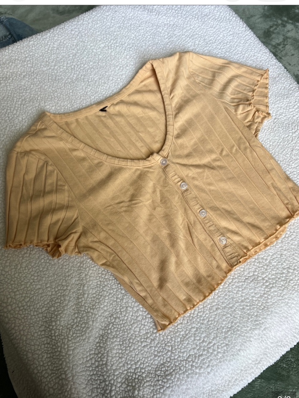 Cream ribbed crop top ruffle edged
